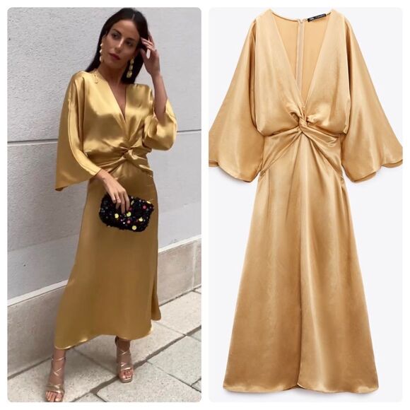 Zara Satin Gold Midi Knot Dress New - Picture 1 of 12